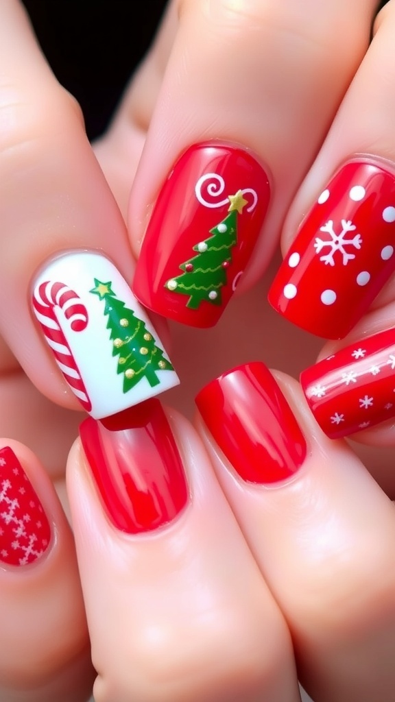 Christmas-Themed Short Nail Art Short nails with Christmas-themed designs including candy cane, Christmas tree, and snowflakes.